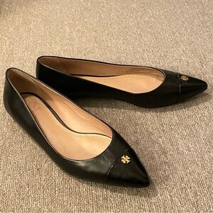 Tory Burch Fairford Black Leather Pointed Toe Ballet Flats 7.5 Gold Logo